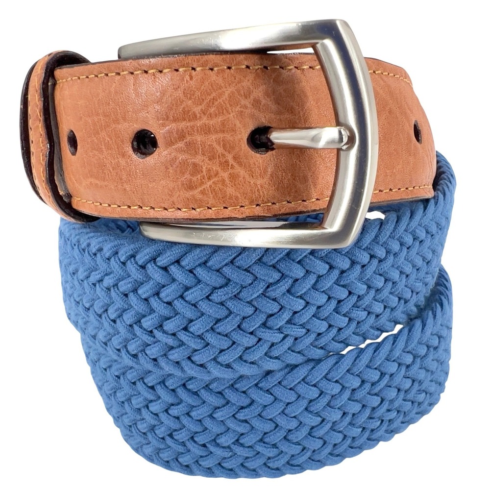 Torino Mens 44 Italian Woven Cotton Elastic Belt Blue Brown Leather USA Golf